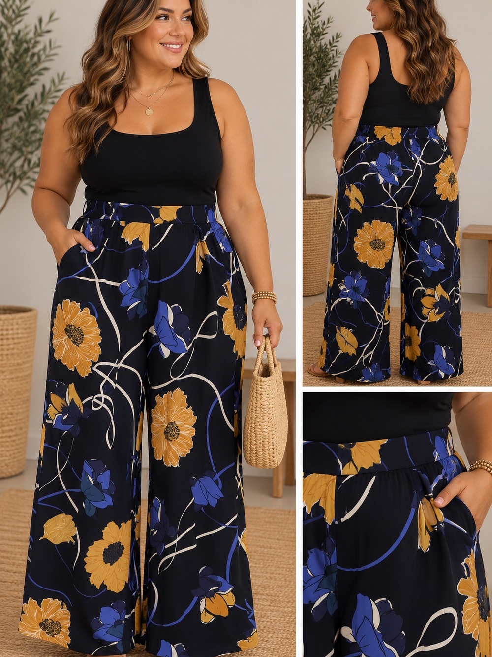 Jules & Leopold Black Wide-Leg Floral Palazzo Pants with Blue and Mustard Blooms